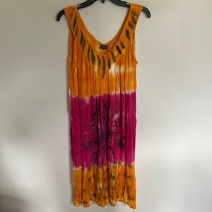 Cleopatra Women Orange Pink Tie Dye Rayon Dress Free Size Boho Mandala V-Neck